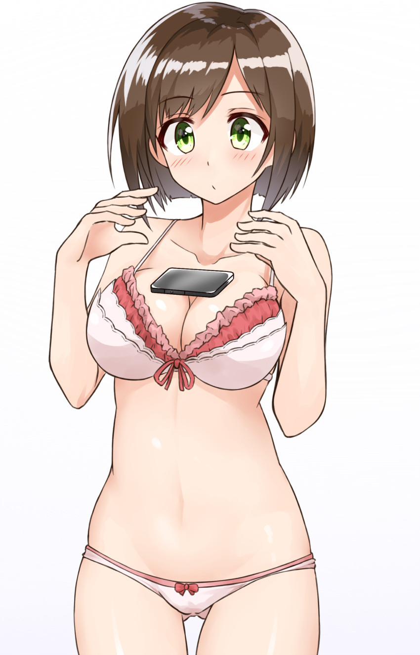 1girl ass_visible_through_thighs bangs bare_arms blush bow bow_panties bra breasts brown_hair cellphone cleavage cowboy_shot eyebrows eyebrows_visible_through_hair green_eyes highres idolmaster idolmaster_cinderella_girls large_breasts looking_at_viewer maekawa_miku navel object_on_breast panties phone red_bow red_ribbon ribbon short_hair shunichi simple_background smartphone solo tawawa_challenge underwear underwear_only white_background white_bra white_panties