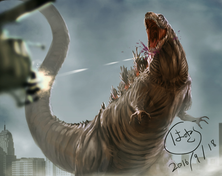 aircraft blood building city claws dated firing godzilla_(series) helicopter highres kaijuu monster monster_in_shinagawa no_humans open_mouth rabidhowl sharp_teeth shin_godzilla signature skyscraper spikes spoilers teeth