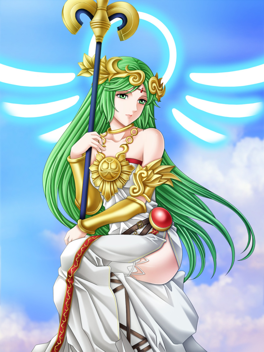 1girl breasts green_hair highres jewelry kid_icarus kid_icarus_uprising long_hair looking_at_viewer palutena solo tamamon