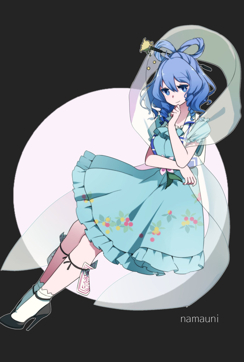 1girl artist_name blue_dress blue_eyes blue_hair dress flower frilled_dress frills full_body hagoromo hair_ornament hair_rings hair_stick hand_on_own_chin high_heels highres kaku_seiga namauni ofuda shawl short_sleeves smile solo touhou white_vest