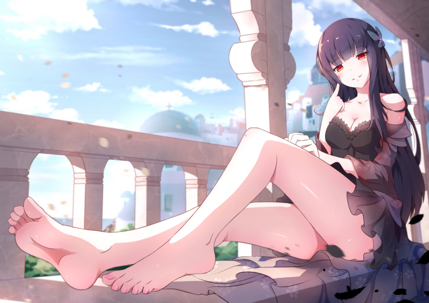 1girl balcony bare_shoulders barefoot black_dress black_hair blurry breasts cleavage clouds cloudy_sky depth_of_field dress feet hair_ornament highres long_hair original pov_feet red_eyes sky smile soles solo toenail_polish toes xiao_ren
