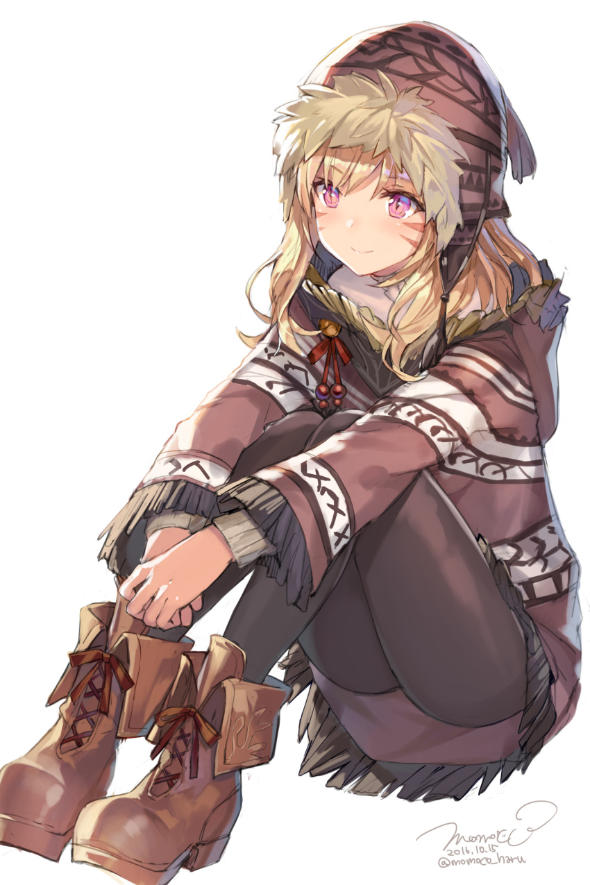 1girl ankle_boots artist_name blonde_hair boots brown_boots closed_mouth cross-laced_footwear dress eyebrows eyebrows_visible_through_hair facial_mark final_fantasy final_fantasy_xiv hands_together hat highres knees_up lace-up_boots long_hair long_sleeves miqo'te momoko_(momopoco) off-shoulder_dress off_shoulder pantyhose poncho signature simple_background sitting slit_pupils smile solo twitter_username v_arms violet_eyes whisker_markings white_background