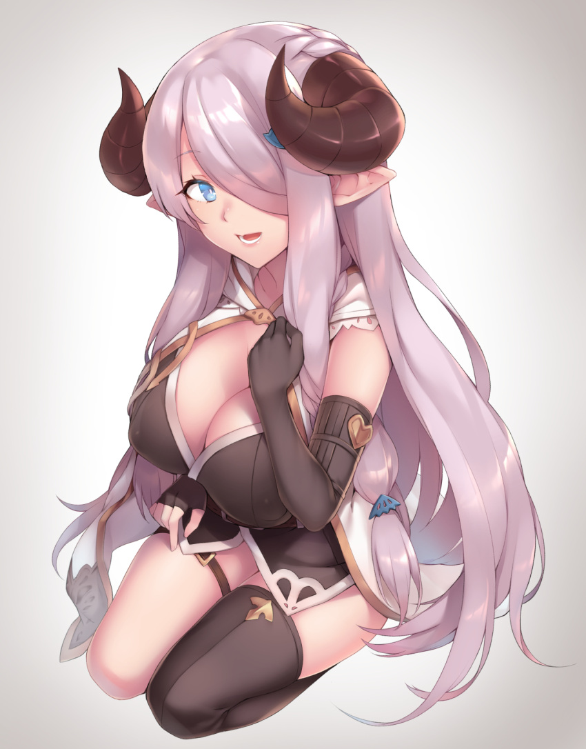 1girl :d asymmetrical_gloves black_gloves black_legwear blue_eyes bottomless braid breasts cleavage doraf elbow_gloves eyelashes full_body gloves granblue_fantasy grey_background hair_ornament hair_over_one_eye heart highres horns hsuliherng lace_trim large_breasts lavender_hair long_hair looking_at_viewer narumeia_(granblue_fantasy) one_eye_covered open_mouth pointy_ears purple_hair seiza single_braid single_thighhigh sitting sleeveless smile solo thigh-highs thigh_strap very_long_hair