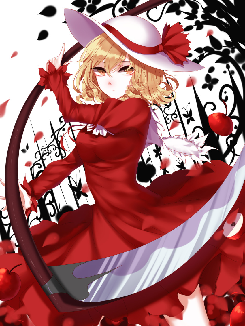 1girl absurdres apple apple_slice black_background blonde_hair collar cowboy_shot dress elly expressionless food frilled_collar frills fruit hair_between_eyes hat hat_ribbon highres juliet_sleeves long_sleeves looking_at_viewer puffy_sleeves red_dress red_ribbon ribbon ringlets scythe sheya slashing solo touhou touhou_(pc-98) white_background white_hat yellow_eyes