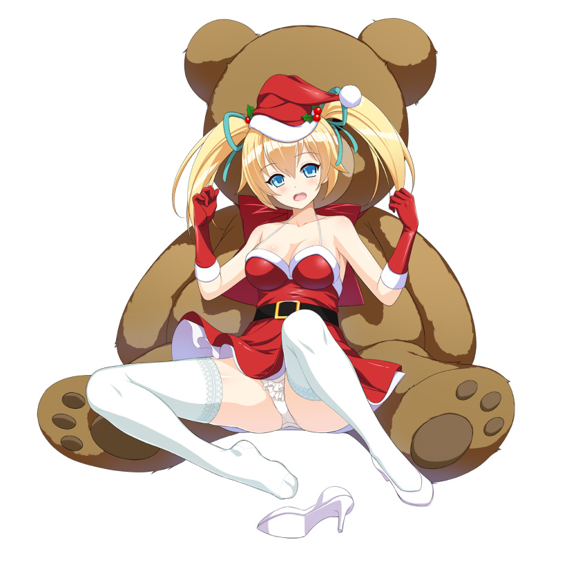 1girl beltskirt blonde_hair blue_eyes breasts cleavage fur_trim gloves hair_ribbon hat high_heels highres kure_masahiro long_hair looking_at_viewer official_art open_mouth panties pumps ribbon santa_costume santa_hat shoes_removed skirt solo spaghetti_strap stuffed_animal stuffed_toy teddy_bear thigh-highs twintails underwear valkyrie_drive valkyrie_drive_-mermaid- white_legwear white_panties