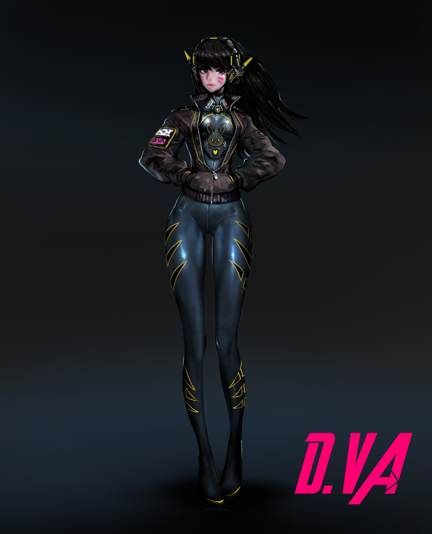 1girl absurdres alternate_color bangs black_hair bodysuit breasts brown_eyes bunny_print character_name d.va_(overwatch) emblem facepaint facial_mark full_body gradient gradient_background grey_background hands_in_pocket headphones high_collar highres jacket kyung_han_kim leather leather_jacket long_hair looking_at_viewer medium_breasts overwatch patch pilot_suit shiny shiny_clothes skin_tight solo south_korean_flag swept_bangs whisker_markings