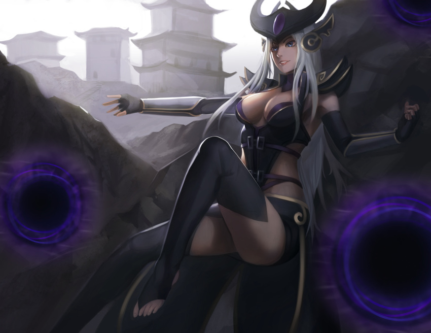 1girl absurdres armor armpits black_gloves black_legwear blue_eyes breasts cleavage ear_protection elbow_gloves energy_ball fingerless_gloves forehead_jewel forehead_protector gloves helmet highres hou_akira league_of_legends long_hair looking_away medium_breasts parted_lips pauldrons silver_hair smile solo syndra thigh-highs vambraces