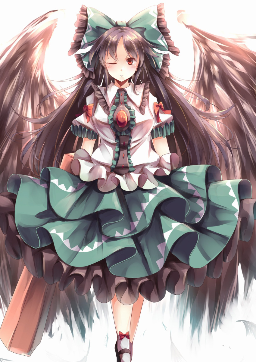 1girl ankle_socks backlighting black_hair black_shoes black_wings bow commentary_request control_rod feathered_wings feathers frilled_bow frilled_shirt frilled_shirt_collar frilled_skirt frilled_sleeves frills frown full_body green_bow green_skirt hair_bow highres kanzakietc long_hair looking_at_viewer one_eye_closed puffy_short_sleeves puffy_sleeves red_bow red_eyes reiuji_utsuho shirt shoes short_sleeves skirt solo third_eye touhou very_long_hair white_background white_legwear white_shirt wings