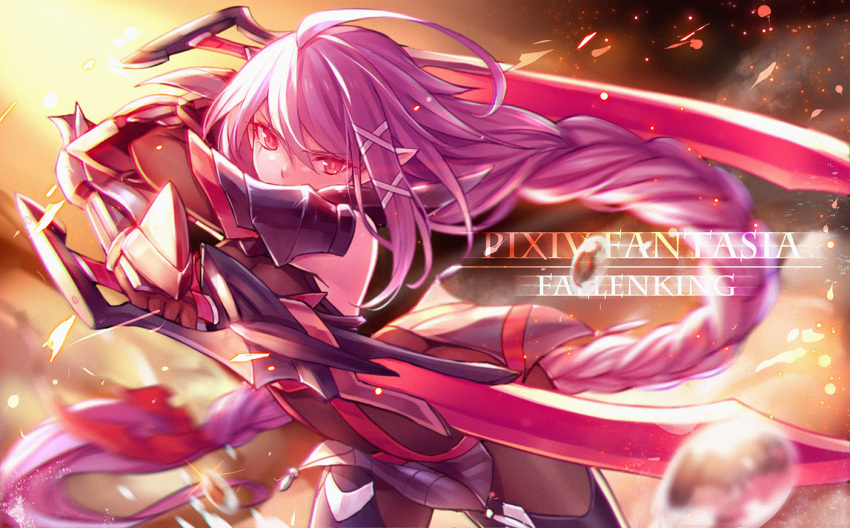 1girl copyright_name dual_wielding hair_ornament holding holding_sword holding_weapon long_hair looking_at_viewer pixiv_fantasia pixiv_fantasia_fallen_kings pointy_ears purple_hair red_eyes solo steelleets sword weapon