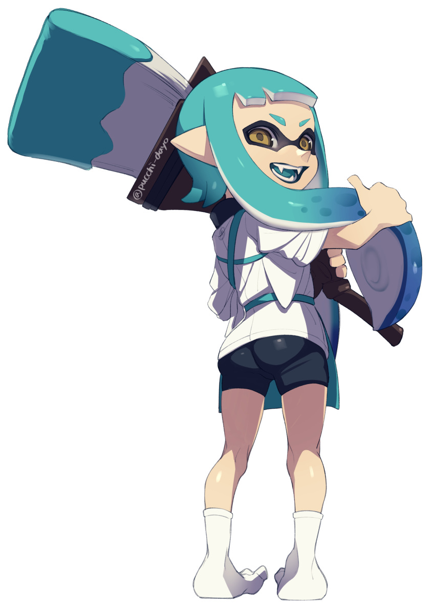 1girl absurdres aqua_hair ass bike_shorts black_shorts brown_eyes fangs full_body highres holding holding_weapon inkling japanese_clothes long_hair looking_at_viewer looking_back octobrush_(splatoon) open_mouth pointy_ears puchiman shirt short_sleeves shorts smile solo splatoon standing tabi tentacle_hair twitter_username weapon white_background white_legwear white_shirt