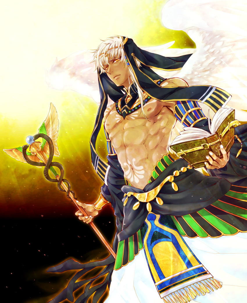 1boy abs book dark_skin feathered_wings hair_ornament highres jewelry kamigami_no_asobi navel necklace orange_eyes shirtless solo staff tattoo thoth_caduceus tiara veil white_hair wings