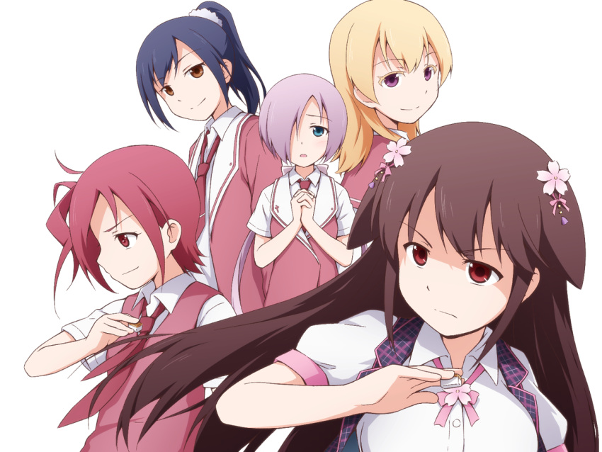 5girls black_hair blonde_hair blouse blue_eyes board_game breasts brown_eyes brown_hair buttons candy_apricot_(ymmryso) closed_mouth cross eyebrows eyebrows_visible_through_hair flower frown hair_flaps hair_flower hair_ornament hair_over_one_eye hair_scrunchie hands_together himori_chikako holding interlocked_fingers iwadate_yuan jacket light_smile long_hair looking_to_the_side low_twintails mahjong mahjong_tile maya_yukiko motouchi_naruka multiple_girls neck_ribbon necktie parted_lips pink_ribbon plaid ponytail purple_hair red_eyes red_necktie red_vest redhead ribbon saki school_uniform scrunchie serafuku shishihara_sawaya short_hair short_sleeves side_ponytail simple_background smile twintails upper_body vest violet_eyes waistcoat white_background white_blouse