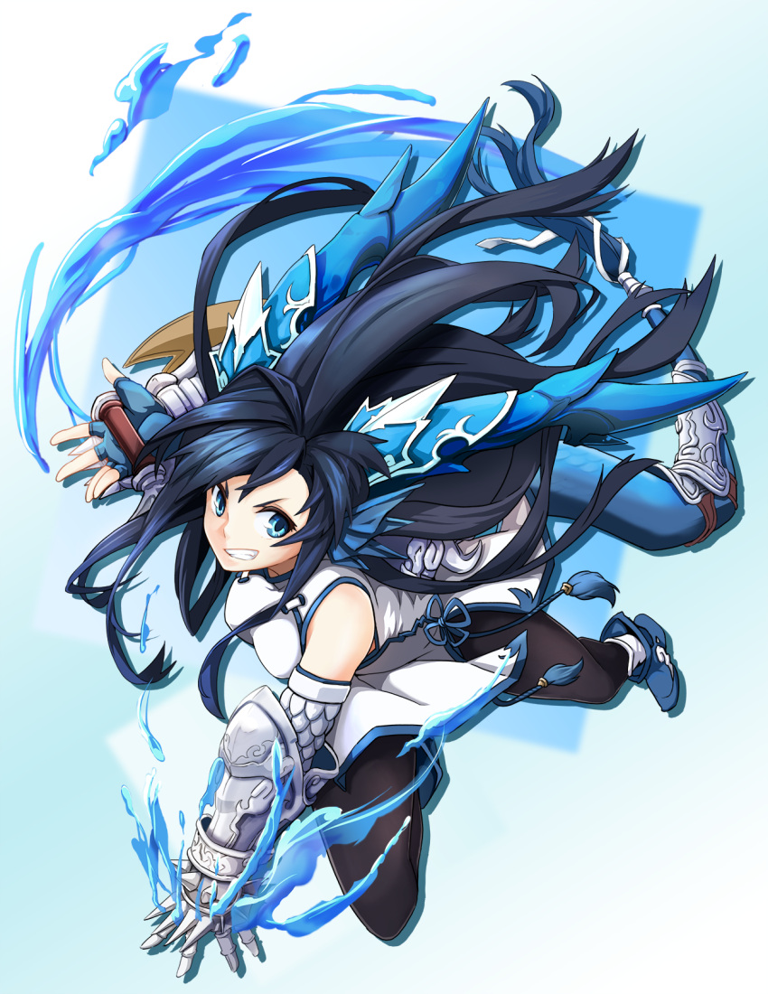 1girl bare_shoulders black_hair boots china_dress chinese_clothes dragon_girl dragon_horns dragon_tail dress fingerless_gloves gloves grin head_fins highres horns karin_(p&amp;d) long_hair pantyhose puzzle_&amp;_dragons side_slit smile solo spiked_knuckles tail very_long_hair water yayilu