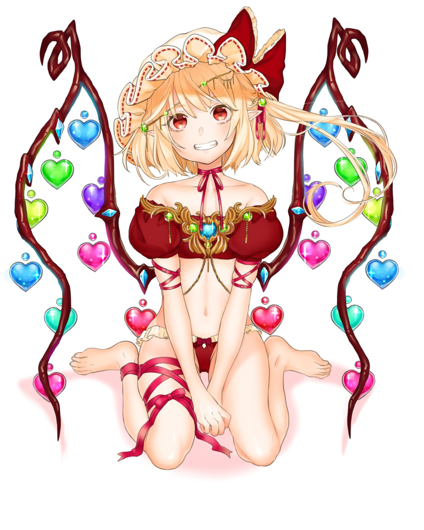 1girl alternate_costume arm_ribbon bare_shoulders barefoot blonde_hair bow bow_panties choker collarbone crystal flandre_scarlet frilled_panties frills full_body gotoh510 grin hair_ribbon hat hat_bow head_tilt heart highres looking_at_viewer mob_cap navel panties pink_ribbon pointy_ears puffy_short_sleeves puffy_sleeves red_bow red_eyes red_panties ribbon ribbon_choker short_hair short_sleeves side_ponytail sitting smile solo stomach strapless thigh_ribbon touhou tubetop underwear v_arms wariza white_background wings