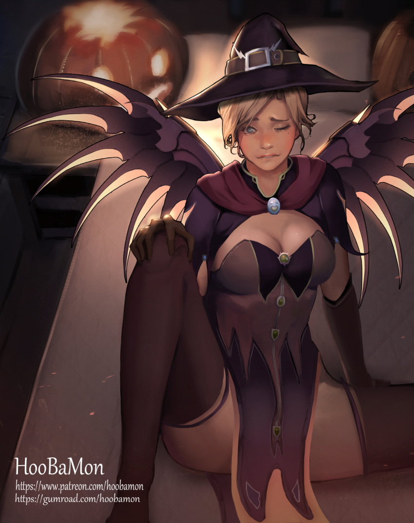 1girl alternate_costume artist_name bed biting black_hat blonde_hair blue_eyes breasts brooch brown_dress brown_gloves brown_legwear capelet cleavage dress elbow_gloves eyelashes freckles gloves halloween halloween_costume hat highres hoobamon jack-o'-lantern jewelry knee_up lip_biting lipstick looking_at_viewer makeup mechanical_wings medium_breasts mercy_(overwatch) nose on_bed one_eye_closed overwatch pelvic_curtain pillow pink_lips pink_lipstick pumpkin realistic red_cape sitting sitting_on_bed solo spread_legs spread_wings teeth thigh-highs watermark web_address wings witch witch_hat witch_mercy