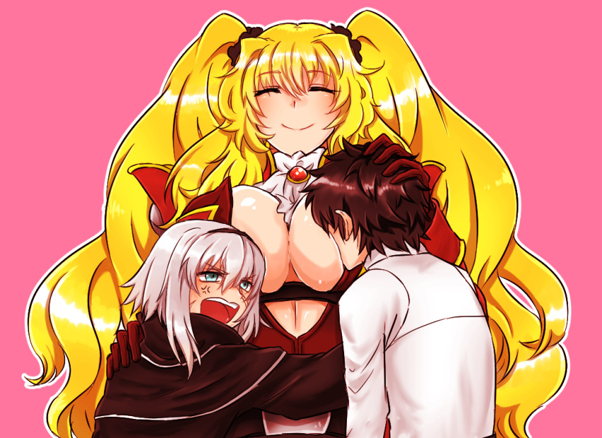 1boy 2girls ^_^ anger_vein anne_bonny_(fate/grand_order) black_hair blonde_hair breasts cleavage closed_eyes fate/grand_order fate_(series) gloves hug large_breasts long_hair male_protagonist_(fate/grand_order) mary_read_(fate/grand_order) multiple_girls pink_background red_gloves short_hair silver_hair simple_background smile twintails very_long_hair yuko_(taxidermy)