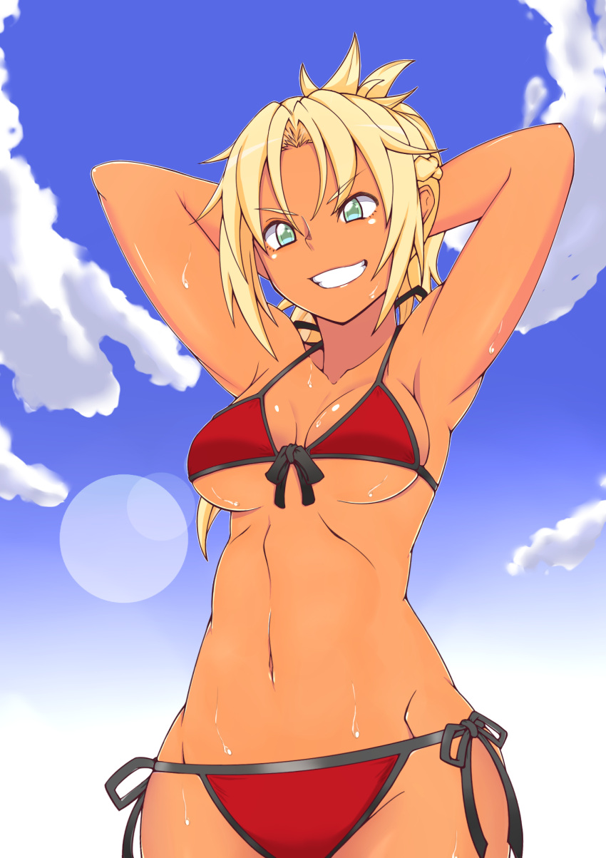 1girl armpits arms_behind_head blonde_hair blue_sky breasts cleavage clouds cowboy_shot fate/grand_order fate/stay_night fate_(series) from_below front-tie_top green_eyes grin groin highres medium_breasts minakami mordred_(swimsuit_rider)_(fate) navel saber_of_red side-tie_bottom sky smile solo tan