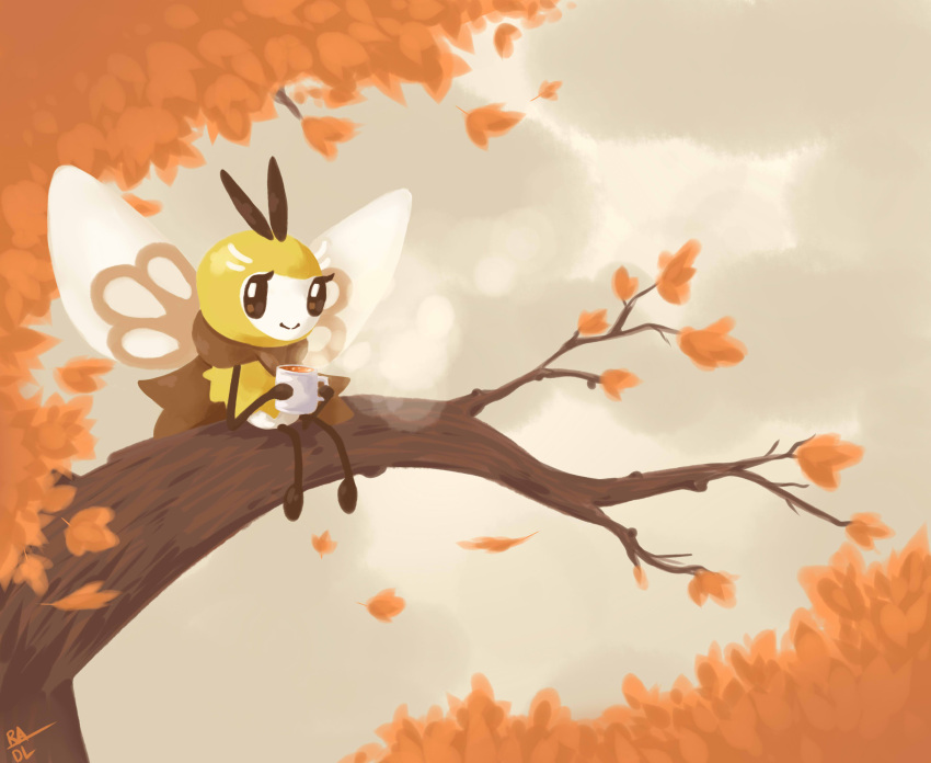 absurdres autumn_leaves cup drawfag drink falling_leaves highres in_tree looking_at_viewer mug outdoors pokemon pokemon_(creature) pokemon_(game) pokemon_sm radl ribombee sitting smile tree