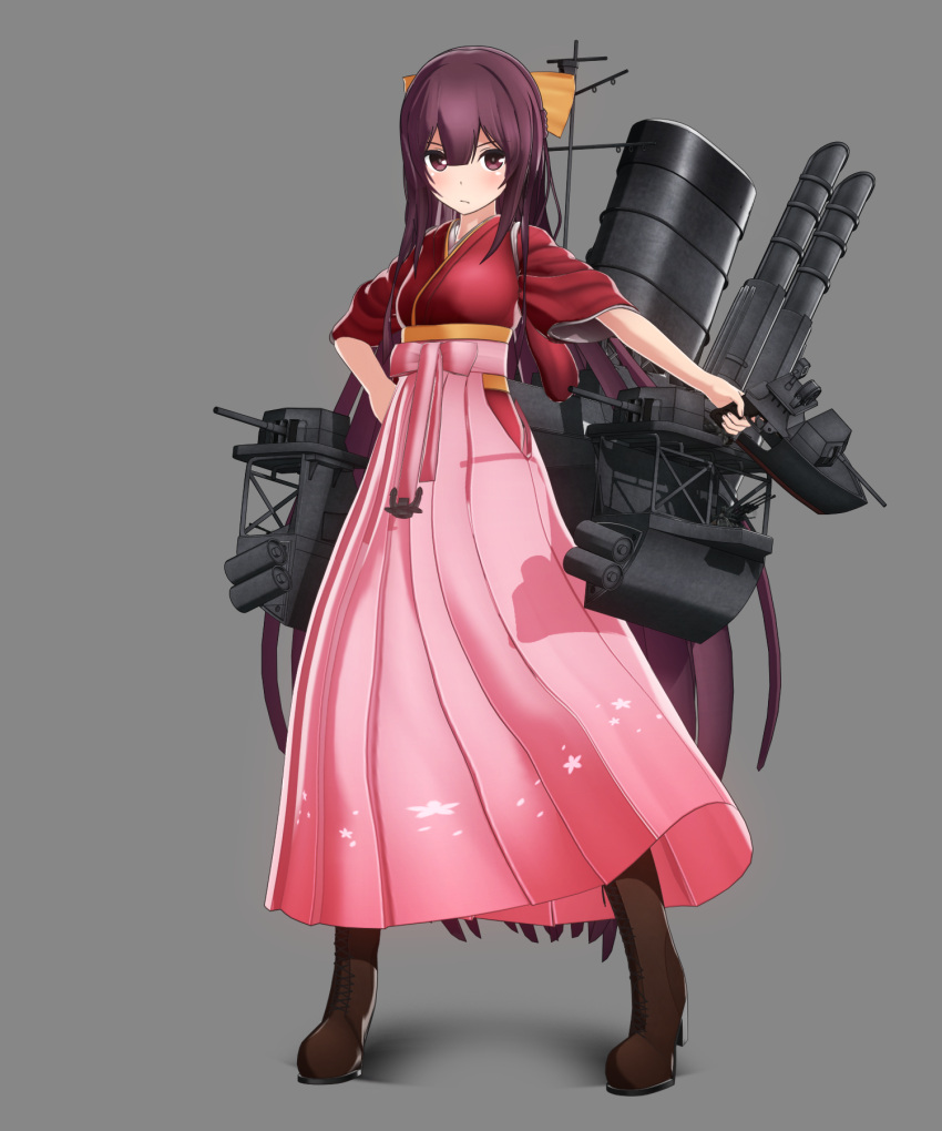 1girl 3d boots bow brown_boots brown_eyes full_body grey_background hair_bow hakama hand_on_hip highres japanese_clothes kamikaze_(kantai_collection) kantai_collection long_hair looking_at_viewer pink_hakama pomp-chou ponpu-chou purple_hair simple_background solo yellow_bow