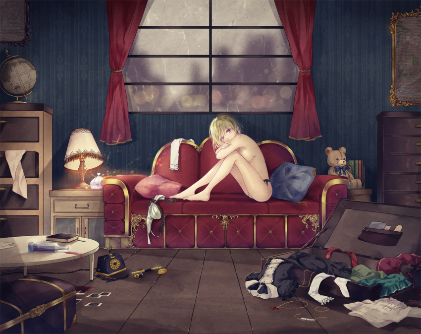 1girl barefoot blonde_hair blue_eyes breasts briefcase clothes_on_floor couch crossed_arms curtains cushion lamp mokoppe original phone rain short_hair sideboob sitting solo stuffed_animal stuffed_toy teddy_bear topless window