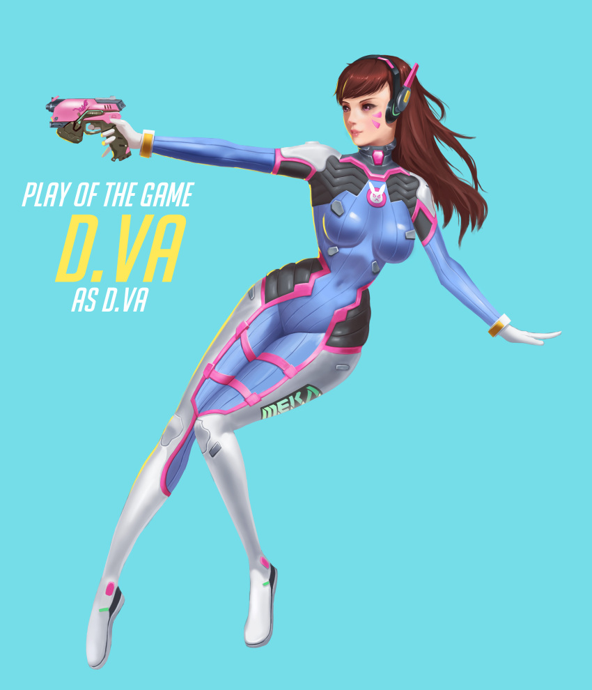 1girl absurdres acronym alternate_eye_color bangs blue_background bodysuit boots bracer breasts brown_hair bunny_print character_name covered_navel d.va_(overwatch) facepaint facial_mark finger_on_trigger full_body gloves gun hand_up handgun headphones highres holding holding_gun holding_weapon legs_together lips lipstick long_hair long_sleeves makeup medium_breasts moetora overwatch parted_lips pauldrons pilot_suit pink_lips pink_lipstick play_of_the_game ribbed_bodysuit shoulder_pads simple_background skin_tight smile solo swept_bangs thigh-highs thigh_boots thigh_strap turtleneck violet_eyes weapon whisker_markings white_boots white_gloves
