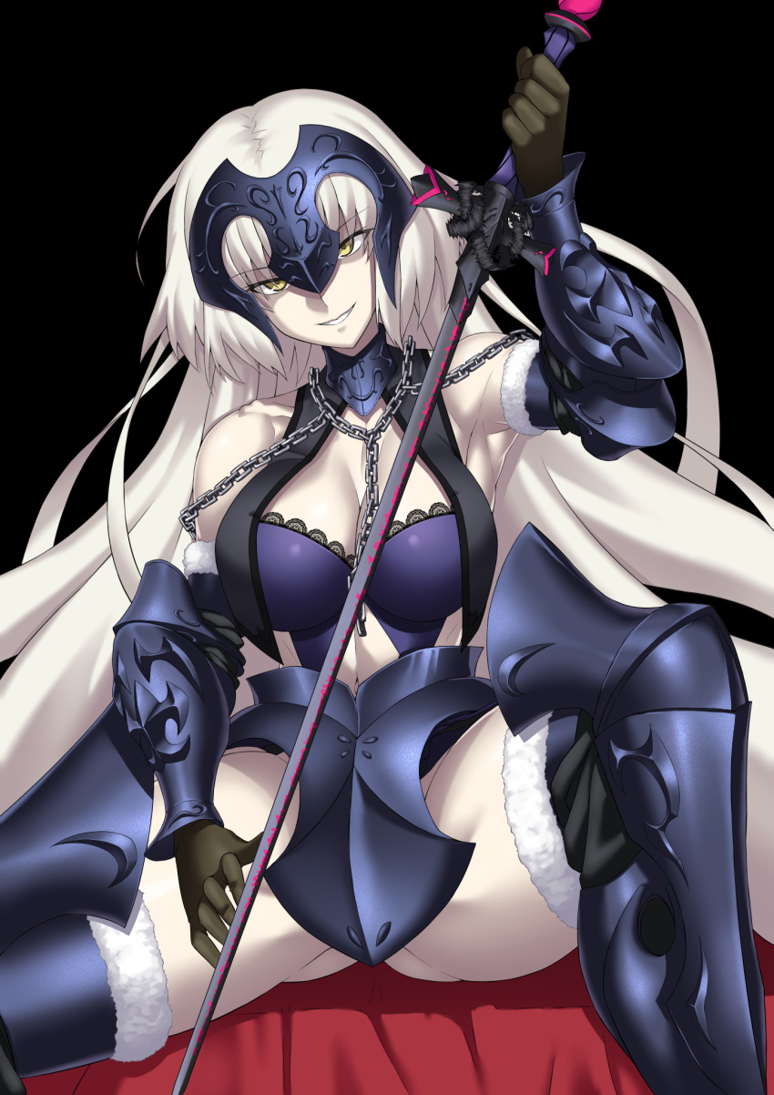 1girl armor armored_dress bare_shoulders black_background black_gloves bnc_(bunshi) boots bra breasts chain cleavage elbow_gloves fate/grand_order fate_(series) gloves greaves headpiece highres holding holding_sword holding_weapon jeanne_alter knee_boots lace lace-trimmed_bra large_breasts long_hair looking_at_viewer pale_skin parted_lips reverse_grip ruler_(fate/apocrypha) shaded_face sitting smile solo spread_legs sword underwear vambraces very_long_hair weapon white_hair