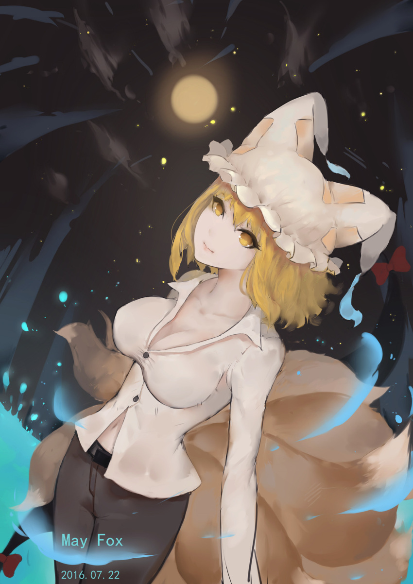 1girl 2016 alternate_costume animal_ears artist_name belt belt_buckle blonde_hair breasts buckle buttons cleavage clouds cloudy_sky collarbone cowboy_shot dated dress_shirt eyelashes fox_ears fox_tail full_moon gap hair_ribbon hat head_tilt highres large_breasts legs_together lips long_sleeves looking_at_viewer midriff mob_cap moon multiple_tails navel night night_sky no_bra pants pillow_hat pink_lips red_ribbon ribbon shirt short_hair sky solo tail touhou tress_ribbon unbuttoned unbuttoned_shirt white_shirt wu_yue_[vulpes] yakumo_ran yellow_eyes