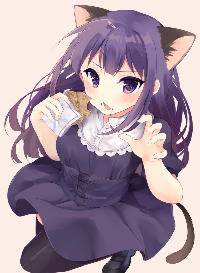 1girl animal_ears black_legwear blush cat_ears claw_pose dress extra_ears food food_on_face highres irone_(miyamiya38) long_hair looking_at_viewer purple_hair short_sleeves solo taiyaki thigh-highs violet_eyes wagashi working!! yamada_aoi zettai_ryouiki