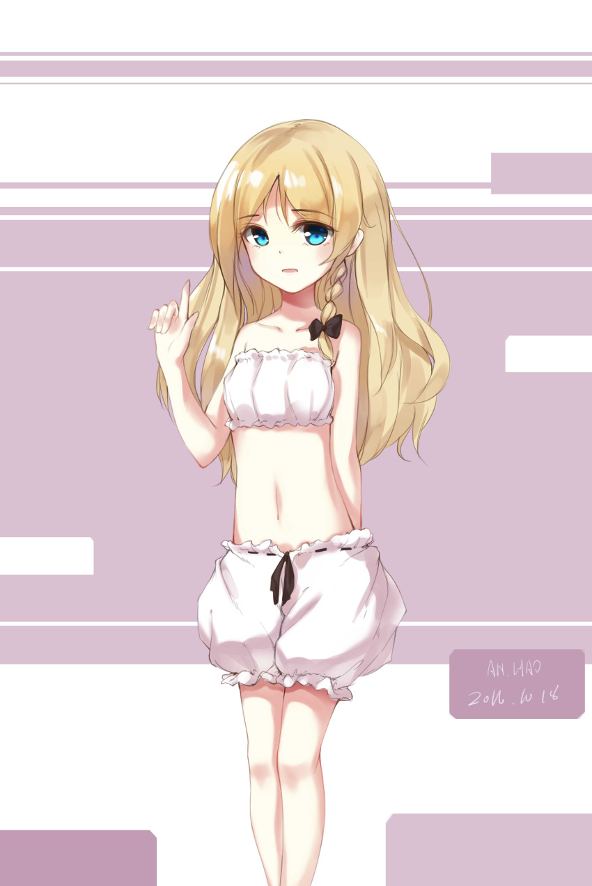 1girl 2016 absurdres alternate_costume anhao arm_behind_back artist_name bangs bare_shoulders black_ribbon blonde_hair blue_eyes bow bow_panties bra braid breasts cinderella_bust collarbone cowboy_shot dated eyebrows eyebrows_visible_through_hair frilled_bra frilled_panties frills hair_ribbon hand_up highres kirisame_marisa legs_together long_hair looking_at_viewer navel open_mouth panties pointing pointing_up ribbon ribbon-trimmed_panties ribbon_trim single_braid small_breasts smile solo standing stomach strapless strapless_bra touhou tress_ribbon underwear underwear_only white_bra white_panties