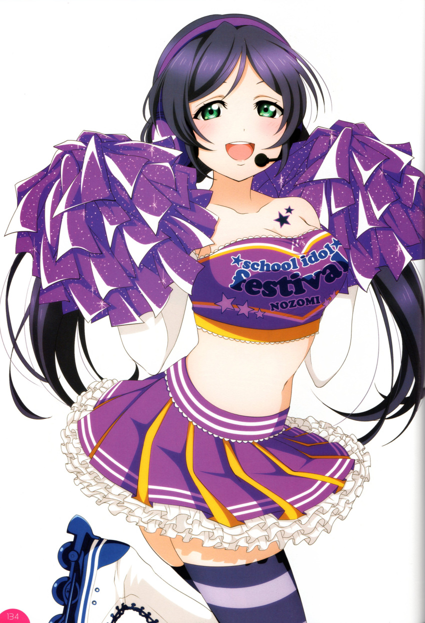 1girl absurdres artist_request bare_shoulders blush breasts cheerleader elbow_gloves frills gloves green_eyes headphones headset highres long_hair looking_at_viewer love_live! love_live!_school_idol_project midriff open_mouth pom_poms purple_hair roller_skates scan simple_background skates skirt smile strapless striped striped_legwear takaramonozu thigh-highs toujou_nozomi tubetop twintails white_background