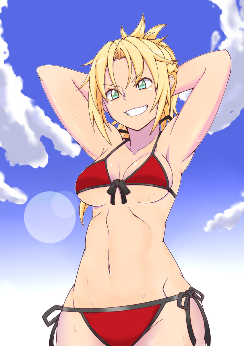 1girl armpits arms_behind_head blonde_hair blue_sky breasts cleavage clouds cowboy_shot fate/grand_order fate/stay_night fate_(series) from_below front-tie_top green_eyes grin groin highres medium_breasts minakami mordred_(swimsuit_rider)_(fate) navel saber_of_red side-tie_bottom sky smile solo