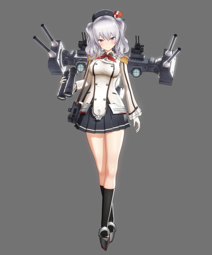 1girl 3d black_legwear black_skirt eyebrows eyebrows_visible_through_hair full_body gloves grey_background grey_eyes highres kantai_collection kashima_(kantai_collection) kneehighs long_hair looking_at_viewer pleated_skirt pomp-chou ponpu-chou silver_hair simple_background skirt solo twintails white_gloves