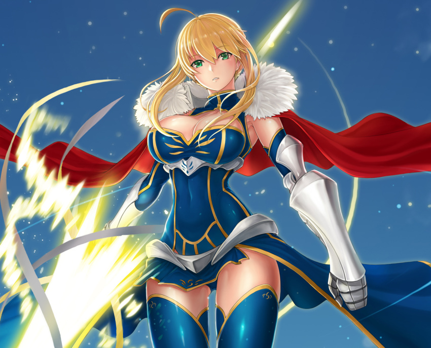 1girl ahoge artoria_pendragon_lancer_(fate/grand_order) blonde_hair blue_legwear breasts cape cleavage fate/grand_order fate_(series) fur_trim gauntlets greaves green_eyes holding holding_weapon looking_at_viewer mhg_(hellma) saber solo type-moon weapon
