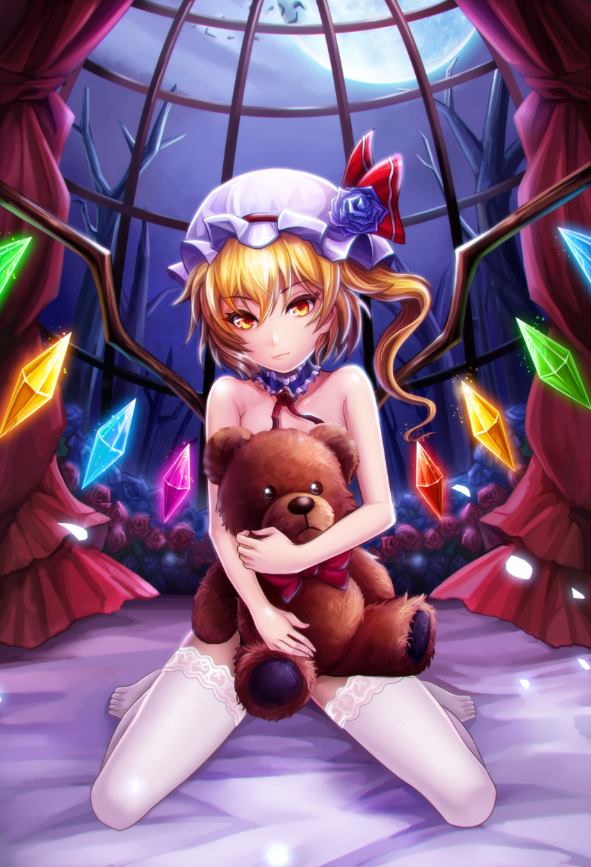 1girl absurdres bangs bare_tree bat blonde_hair blue_flower bow choker covering crystal curtains eyebrows eyebrows_visible_through_hair eyelashes flandre_scarlet flower frills full_moon glowing hair_between_eyes hat hat_flower hat_ribbon highres holding indoors kneeling light_particles looking_at_viewer mob_cap moon naojiang_tangyuan night night_sky no_shoes nude on_bed one_side_up red_bow red_eyes red_flower red_ribbon red_rose ribbon rose sky smile solo teddy thigh-highs touhou tree white_hat white_legwear wings