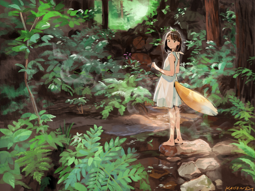 1girl bare_shoulders barefoot brown_eyes brown_hair dress forest fox_tail highres kaisen looking_at_viewer looking_to_the_side nature original short_hair solo sundress tail tree