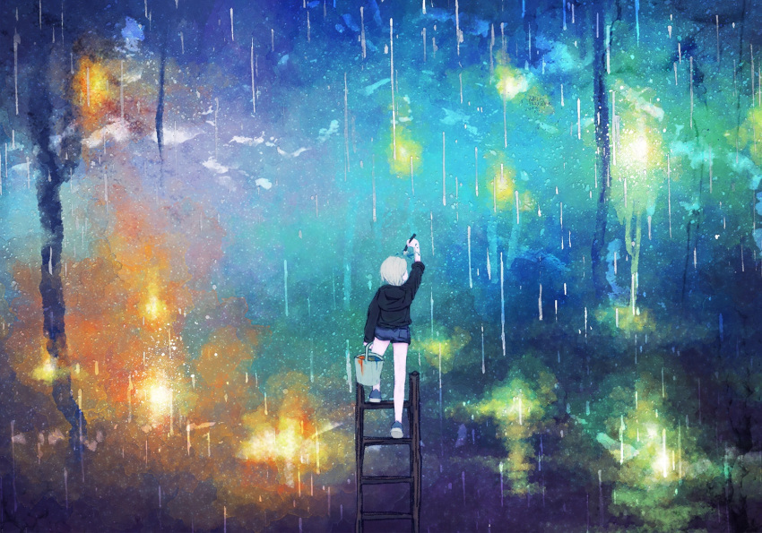 1girl abstract arm_up bucket commentary denim denim_shorts from_behind highres hood hoodie ladder original paint paintbrush painting rain scenery short_hair shorts silver_hair solo space star_(sky) usatarosu