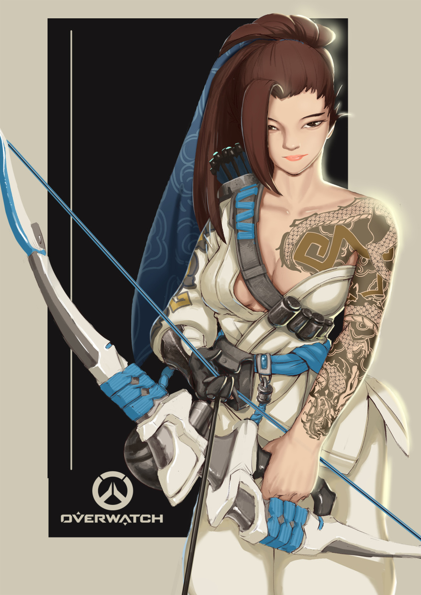 1girl absurdres backlighting black_hair bow_(weapon) breasts collarbone copyright_name dragon_tattoo genderswap genderswap_(mtf) grey_border hair_over_one_eye hanzo_(overwatch) highres holding holding_weapon japanese_clothes lips long_hair looking_at_viewer medium_breasts narrowed_eyes nose off_shoulder overwatch ponytail qi_chi_hongzao quiver single_glove sketch solo strap tattoo upper_body weapon