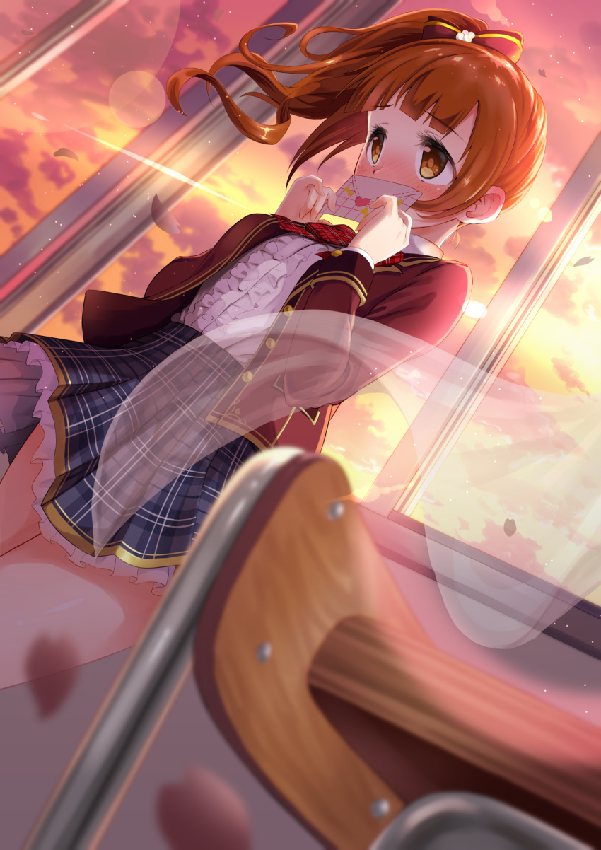 0141zucker 1girl blue_skirt bow bowtie brown_eyes brown_hair cloody_sky covered_mouth dutch_angle eyebrows eyebrows_visible_through_hair from_below hair_bow highres idolmaster idolmaster_cinderella_girls igarashi_kyouko indoors jacket letter long_hair love_letter love_letter_(idolmaster) open_clothes open_jacket pleated_skirt red_bow red_jacket shirt side_ponytail skirt solo white_shirt