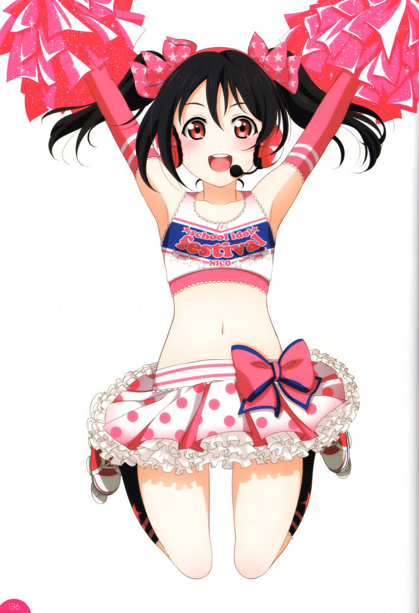 1girl absurdres armpits artist_request black_hair blush bow cheerleader crop_top elbow_gloves frills gloves hair_bow headphones headset highres jumping love_live! love_live!_school_idol_project midriff open_mouth pink_gloves polka_dot_skirt pom_poms red_eyes roller_skates scan shirt simple_background skates skirt sleeveless sleeveless_shirt smile solo star takaramonozu twintails white_background yazawa_nico