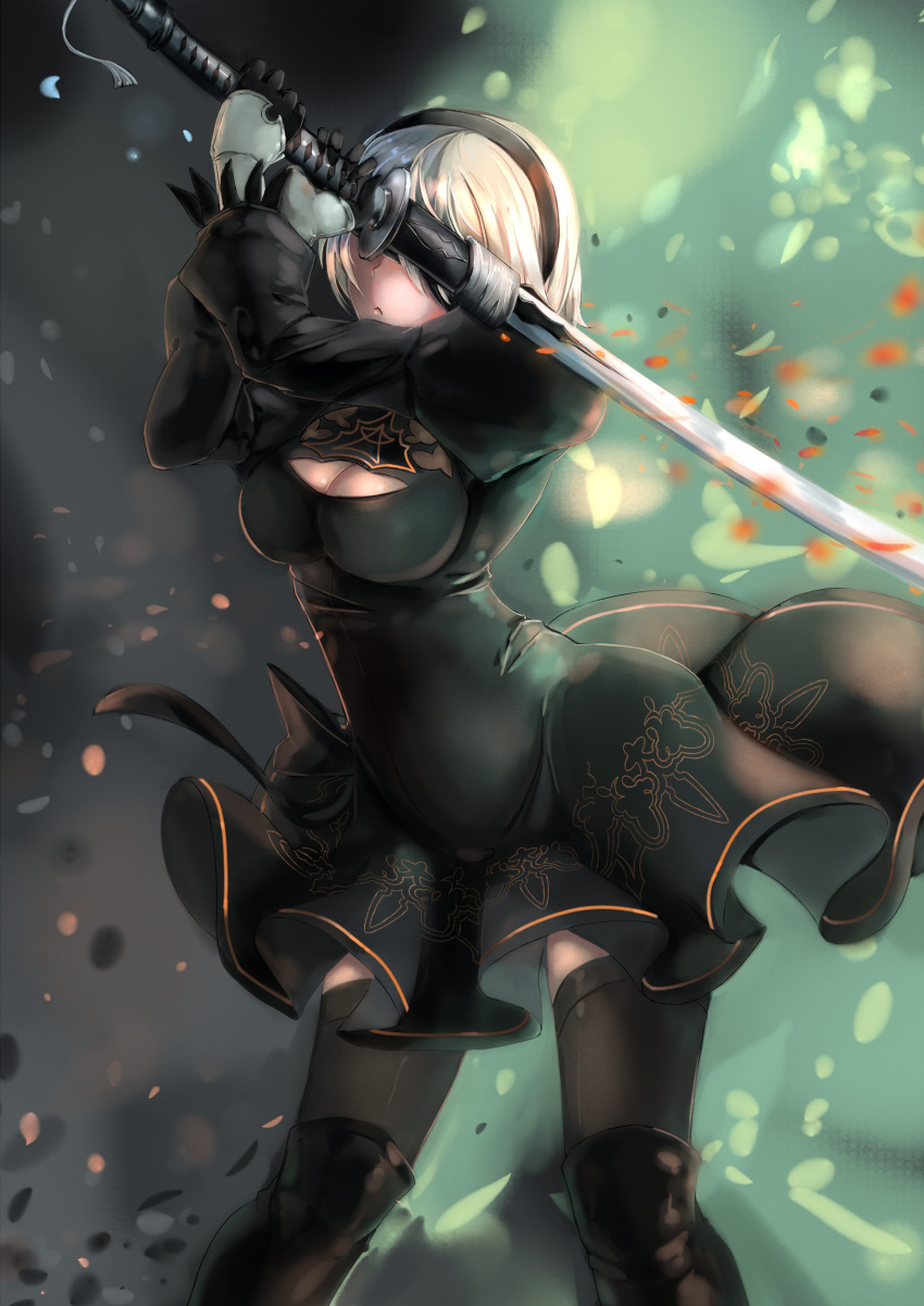 1girl absurdres aikawa_juujutsu_machi black_dress black_gloves black_legwear boots breasts character_request cleavage cleavage_cutout covering_eyes cowboy_shot dress gloves hairband highres holding holding_sword holding_weapon juliet_sleeves knee_boots long_sleeves medium_breasts nier_automata parted_lips puffy_sleeves short_dress short_hair solo sword thigh-highs weapon white_hair zettai_ryouiki