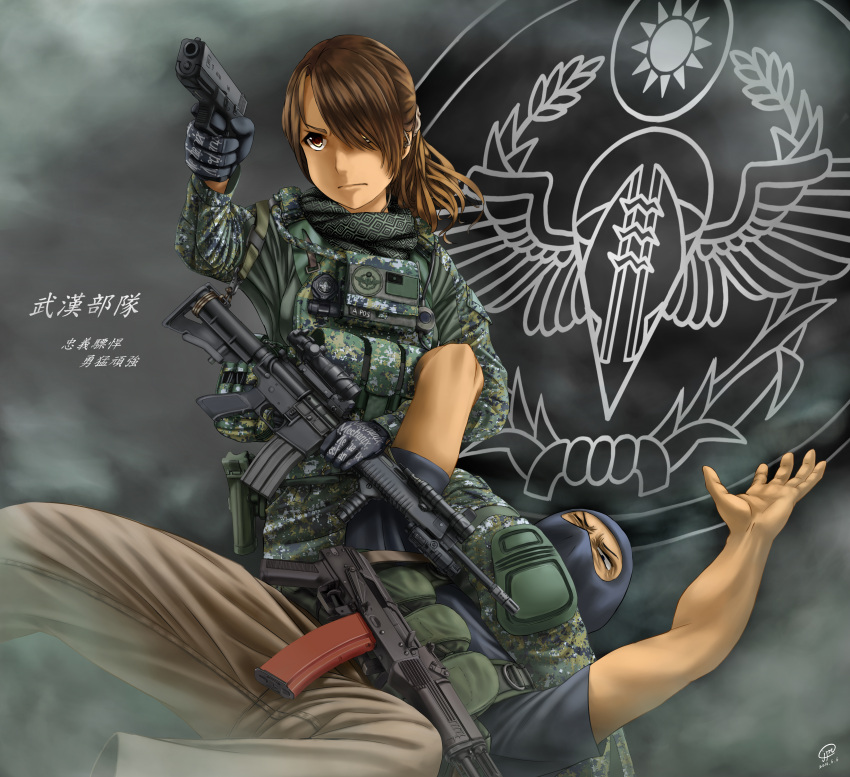 1boy 1girl absurdres ammunition_pouch assault_rifle badge digital_camouflage glock gloves gun handgun highres jpc mask military original pistol ponytail republic_of_china_flag rifle scarf scope t91_assault_rifle taiwan weapon