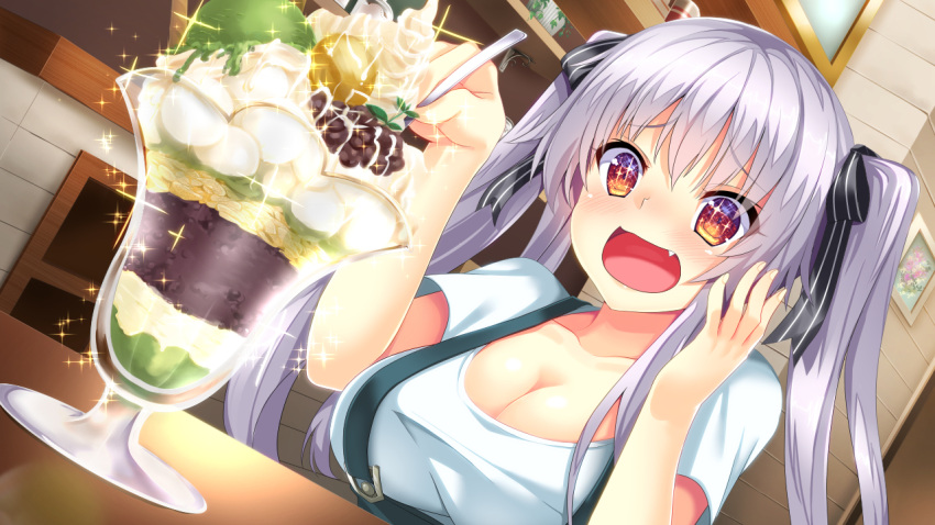 1girl blush breasts cleavage dutch_angle fang food game_cg hair_ribbon hand_on_own_cheek ice_cream kimi_to_yumemishi large_breasts long_hair open_mouth orange_eyes ribbon shigure_(kimi_to_yumemishi) shimofuri silver_hair solo sparkling_eyes spoon suspenders table twintails