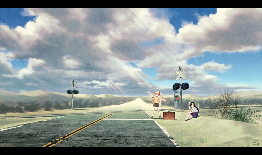 2girls arm_behind_back black_hair blonde_hair blue_sky brown_eyes clouds cloudy_sky highres hitchhiking knees_up long_hair looking_at_viewer mountain multiple_girls railroad_signal railroad_tracks re:lief_~shin'ai_naru_anata_e~ road scenery sitting skirt sky sleeveless smile suitcase technoheart twintails