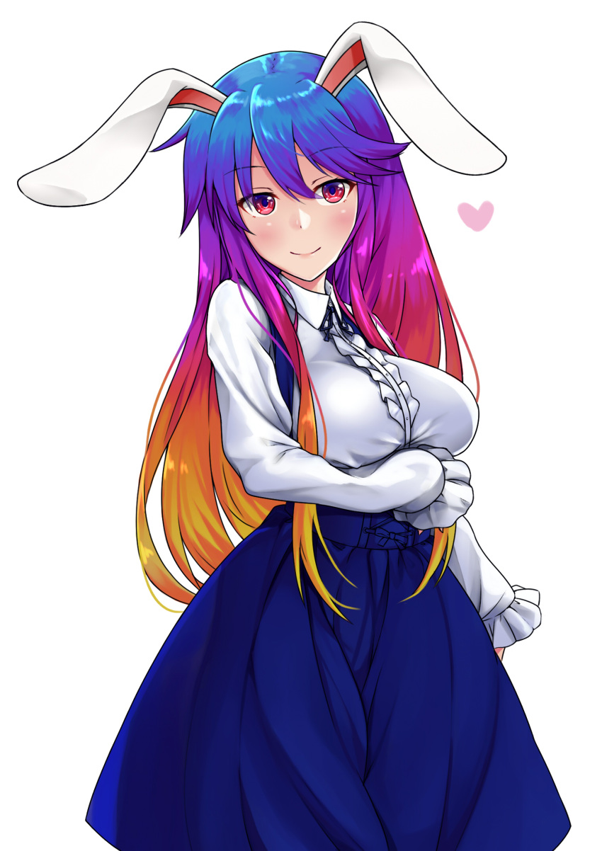 1girl animal_ears black_ribbon blue_skirt commentary_request cowboy_shot eyebrows eyebrows_visible_through_hair frilled_sleeves frills hair_between_eyes heart highres long_hair long_sleeves looking_at_viewer multicolored_hair neck_ribbon rabbit_ears red_eyes reisen_udongein_inaba ribbon shirt simple_background skirt sleeves_past_wrists smile solo suspender_skirt suspenders tenneko_yuuri touhou white_background white_shirt