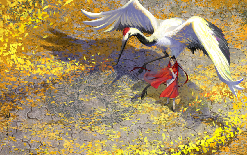 1boy autumn_leaves bird black_hair cape crane_(animal) from_above leaf looking_up male_focus mugon original shadow size_difference topknot wind