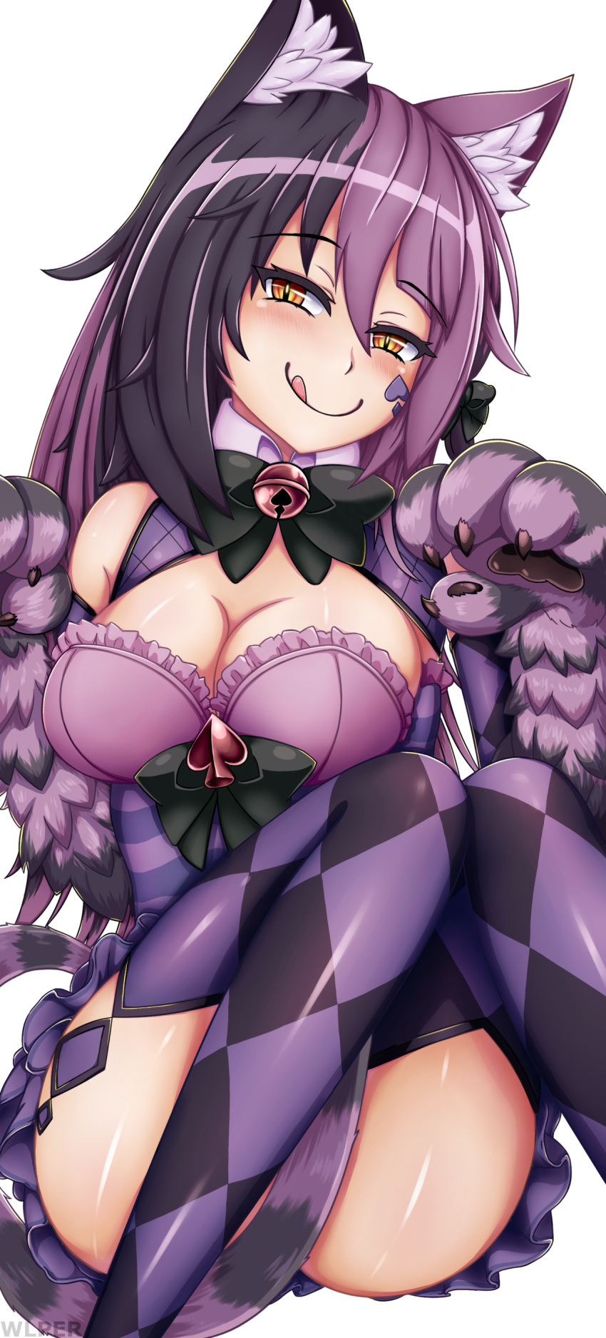 1girl :q absurdres animal_ears argyle argyle_legwear artist_name ass bell bow bowtie breasts cat_ears cat_tail cheshire_cat_(monster_girl_encyclopedia) claws cleavage facial_mark full_body fur hair_bow highres jingle_bell large_breasts long_hair looking_at_viewer monster_girl monster_girl_encyclopedia multicolored_hair paw_pose paws purple_hair raised_eyebrows shiny shiny_skin simple_background slit_pupils smile solo striped_tail tail thigh-highs tongue tongue_out two-tone_hair watermark white_background wlper yellow_eyes