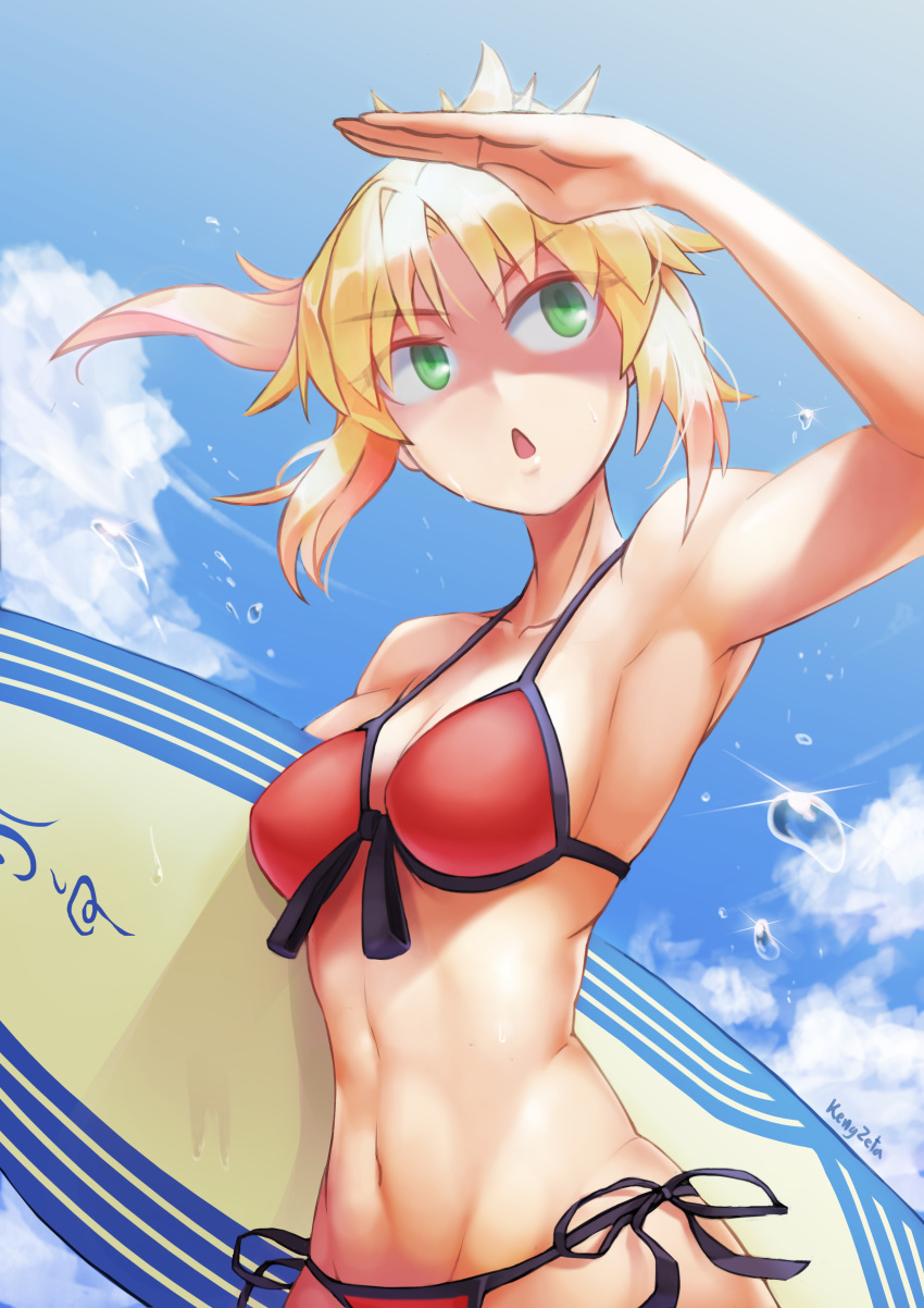 1girl absurdres armpits artist_name bikini blue_sky breasts cleavage clouds fate/grand_order fate_(series) front-tie_top green_eyes groin highres kengzeta medium_breasts mordred_(swimsuit_rider)_(fate) navel ponytail saber_of_red shading_eyes side-tie_bottom sideboob sky solo surfboard swimsuit