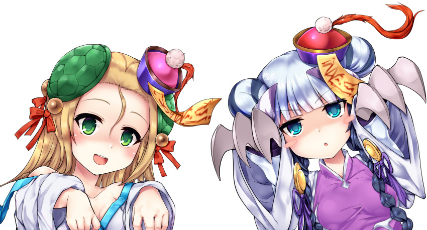 2girls bare_shoulders blonde_hair blue_eyes blush blush_stickers bow braid chinese_clothes claw_(weapon) double_bun green_eyes hair_between_eyes hair_bow hair_ornament haku_(p&amp;d) halloween hat highres jiangshi long_hair looking_at_viewer meimei_(p&amp;d) multicolored_hair multiple_girls off_shoulder ofuda open_mouth outstretched_arms purple_hair puzzle_&amp;_dragons samoore shaded_face silver_hair simple_background turtle_shell twin_braids two-tone_hair weapon white_background wide_sleeves zombie_pose