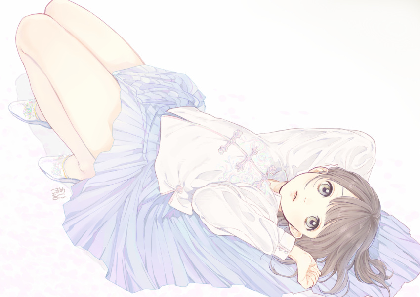 1girl bare_legs brown_eyes brown_hair lips long_sleeves lying mosuko on_back original shirt short_hair simple_background slippers solo white_background