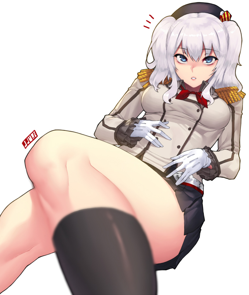 /\/\/\ 1girl artist_name beret black_legwear black_skirt blue_eyes breasts epaulettes foreshortening frilled_sleeves frills gloves hat highres jjune kantai_collection kashima_(kantai_collection) kerchief long_sleeves looking_at_viewer medium_breasts military military_uniform parted_lips silver_hair skirt socks solo twintails uniform white_background white_gloves